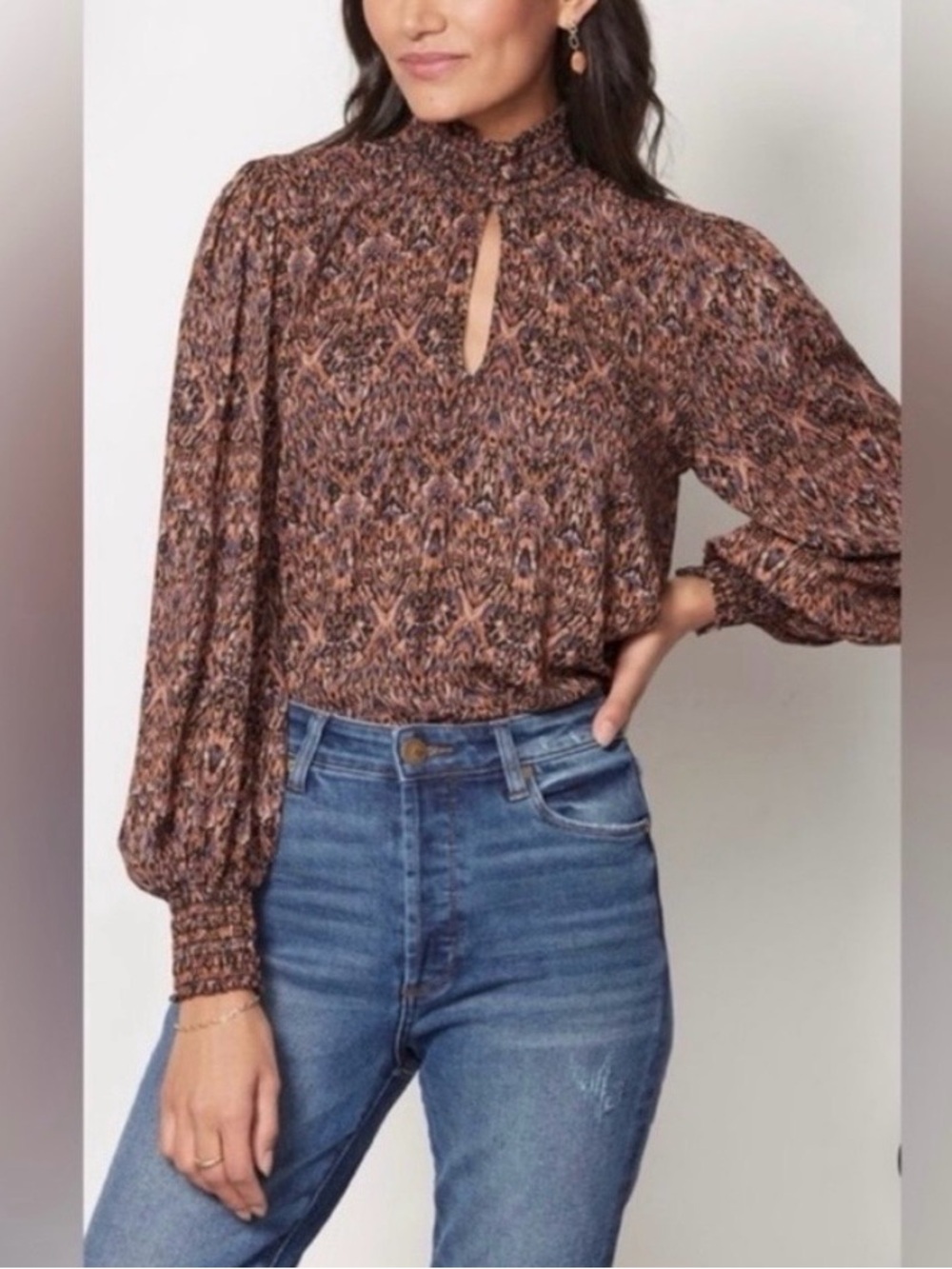 Evereve Smocked High Neck Keyhole Abstract Print Blouse
